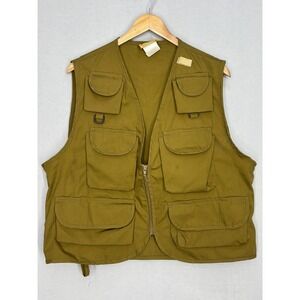 Ideal Zip Front Fishing Vest Mens Olive Drab Green Utility Pockets Large Vintage